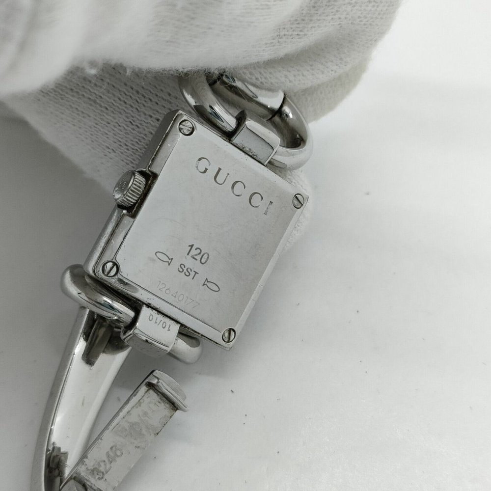 EUC GUCCI Horsebit Silver Bangle 120 Bangle Watch 18mm Women's Black X Silver - Picture 12 of 14